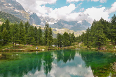 Scenic view of lake and mountains against sky