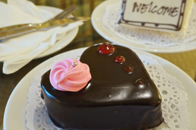 Close-up of cake in plate on table