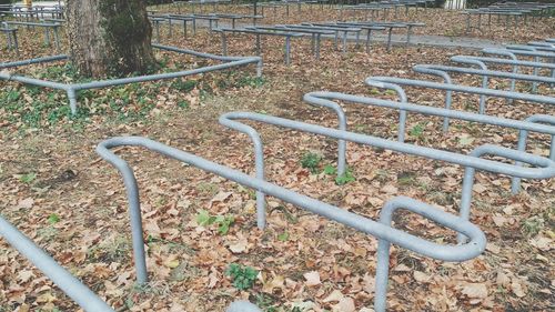 High angle view of metal fence on field