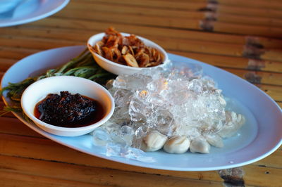 High angle view of food in plate on table