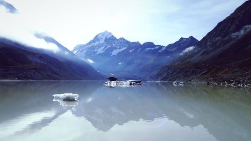 Scenic view of lake and mountains against sky