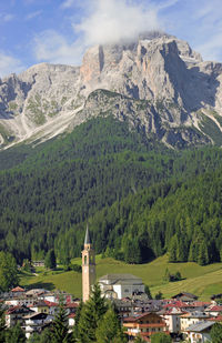 High angle view of buildings against mountains