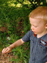 Cute boy looking away on land