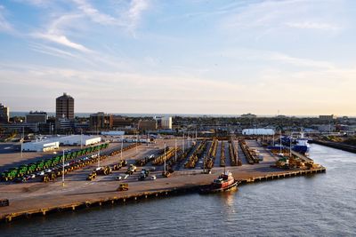 High angle view of city at waterfront