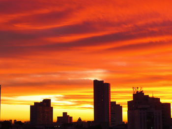 Silhouette buildings against dramatic sky during sunset