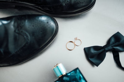 High angle view of shoe on table