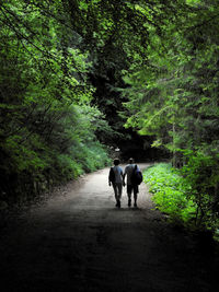 Rear view of couple walking on road in forest