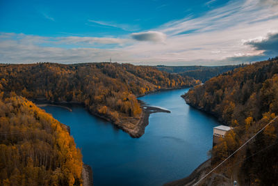 High angle view of river against cloudy sky