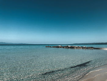 Scenic view of sea against clear blue sky