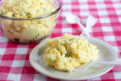 Close-up of potato salad in plate on table