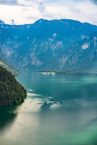 Scenic view of lake by mountains against sky