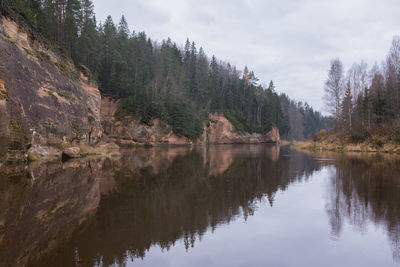 Scenic view of lake by trees against sky