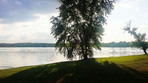 Scenic view of lake against cloudy sky