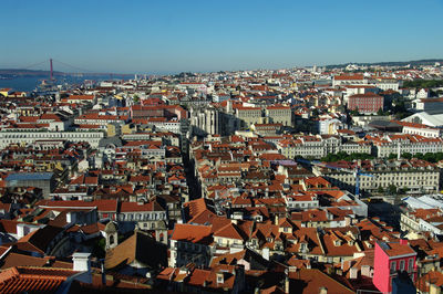 High angle shot of townscape against clear sky