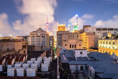 Illuminated buildings in city