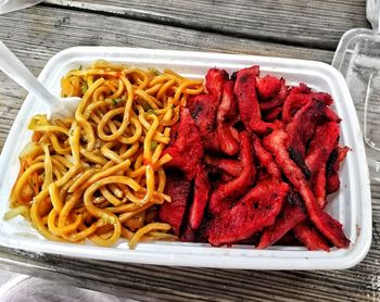 Close-up of noodles with meat
