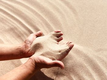 Cropped hands holding sand at beach