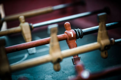 Close up of foos ball table
