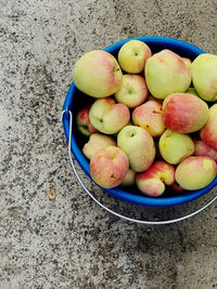 High angle view of apples in bowl on floor