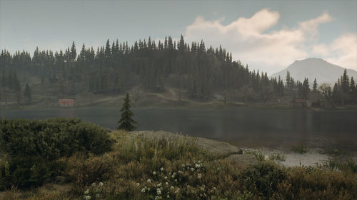Scenic view of lake against sky during sunset