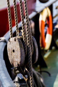 Close-up of rope tied on boat