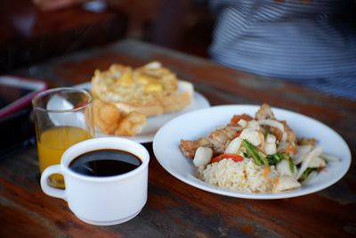 High angle view of meal served on table