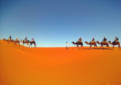 People in desert against clear blue sky