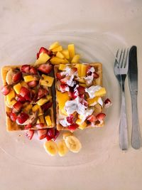 High angle view of breakfast on table