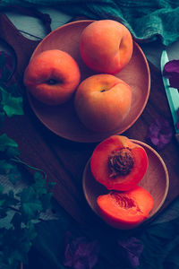 High angle view of fruits in bowl on table