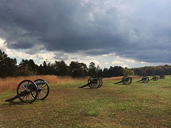 Bicycle parked on field against cloudy sky