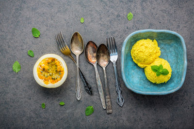 High angle view of food with cutleries on table