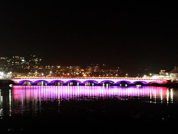 Illuminated bridge over river in city against clear sky at night