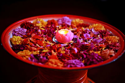 Close up view of dried flower surrounding a candle used in bhuddist or indian prayers
