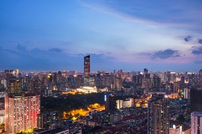 View of city lit up at night