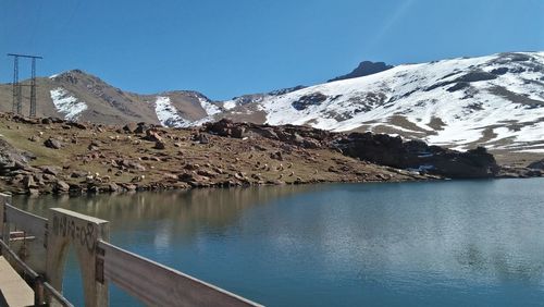 Scenic view of lake and snowcapped mountains against clear blue sky