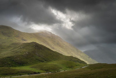 Doolough valley, glenummera and glencullin mountain ranges illuminated by sunlight, ireland