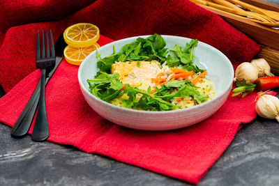 High angle view of meal served on table