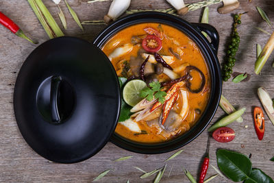 High angle view of food in bowl on table