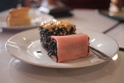 Close-up of dessert in plate on table