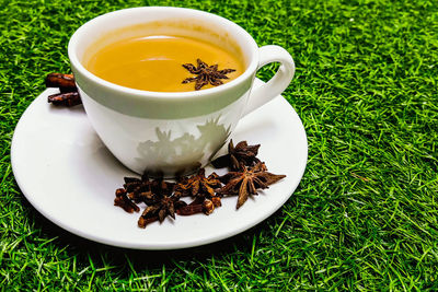 High angle view of tea in cup