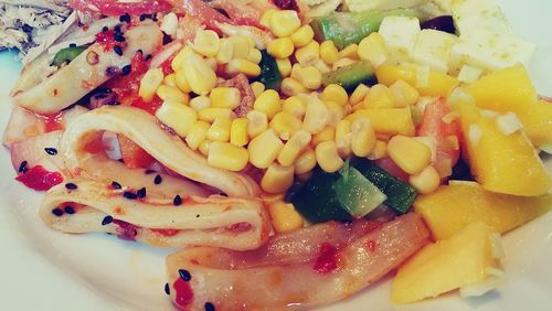 Close-up of chopped vegetables in plate