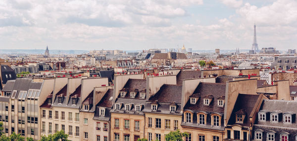 Panoramic view, aerial skyline of paris on city center, eiffel tower, sacre coeur basilica