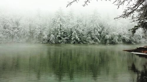 Scenic view of lake against cloudy sky