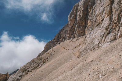 Low angle view of rocky mountain against sky