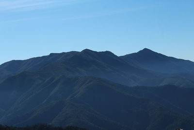 Scenic view of mountains against clear blue sky