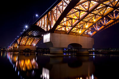 Illuminated bridge over river at night