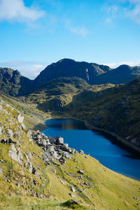 Scenic view of lake and mountains against sky