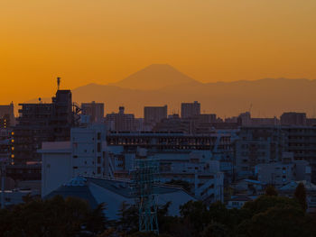 High angle view of city at sunset