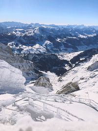 Aerial view of snowcapped mountains against sky