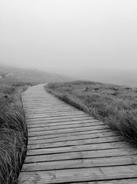 Boardwalk amidst field against sky